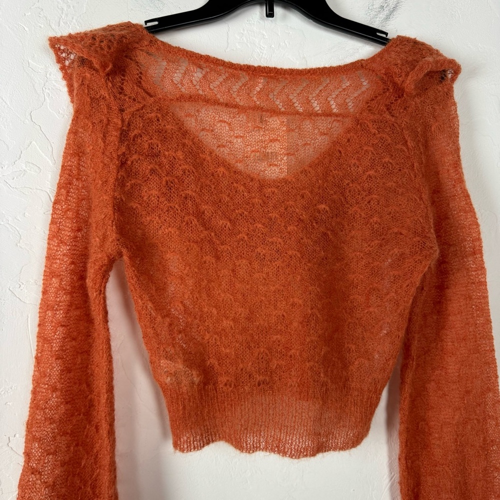 Free People Pullover Sweater Knit Top Macaroon Ruffle Collar Orange Mohair Soft - Picture 6 of 8